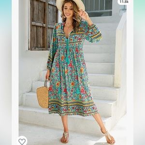 R. Vivimos High Waist Boho Floral Long Sleeve Midi Dress 8/10